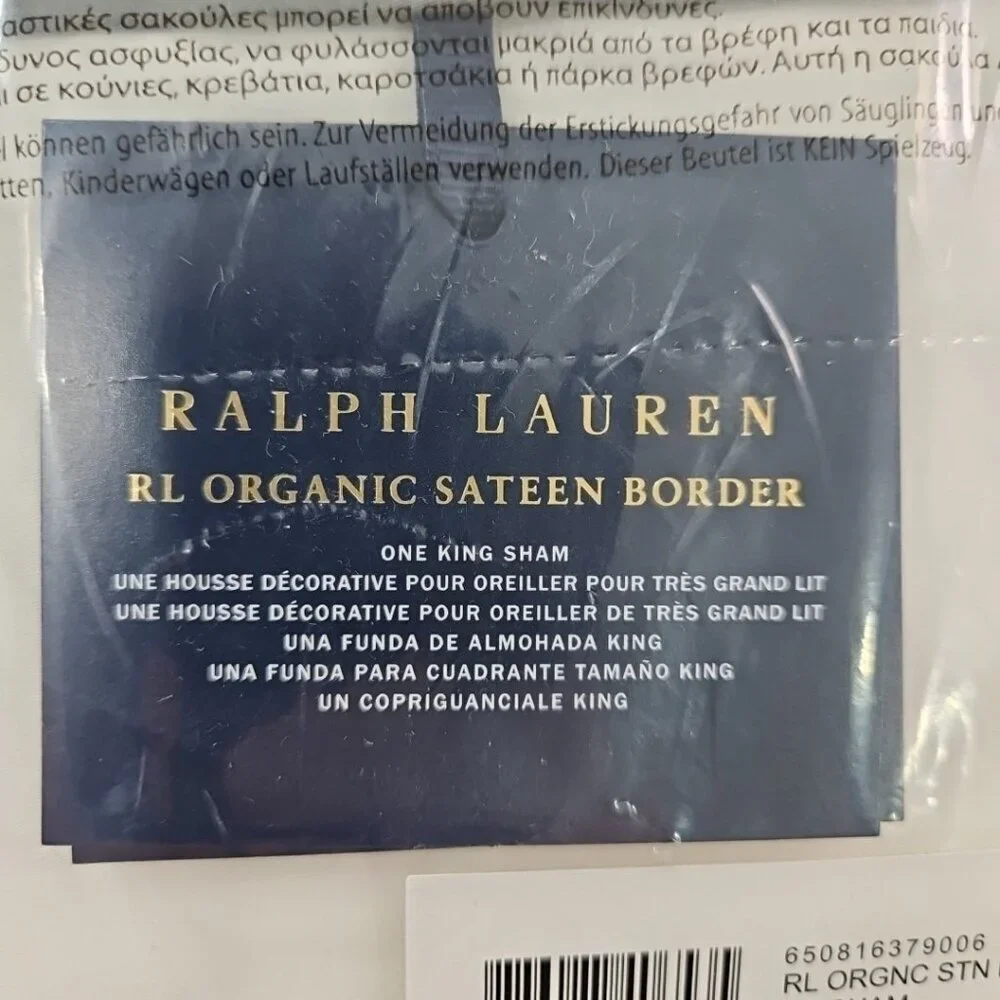 NEW Ralph Lauren Pillow Sham King Size‎ Graphite 100% Organic Sateen Border NIB